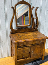 Load image into Gallery viewer, Tiger Oak Washstand with Swivel Mirror and double Harp | Salesman Sample or Play size
