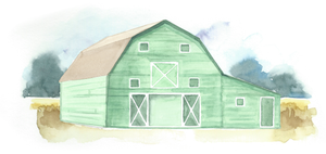 a century old dairy barn that was built in rural summit, south dakota.  original barn was painted in red and the exact barn for this website is in a jadite green that was made from watercolors.  all of the windows are framed in white